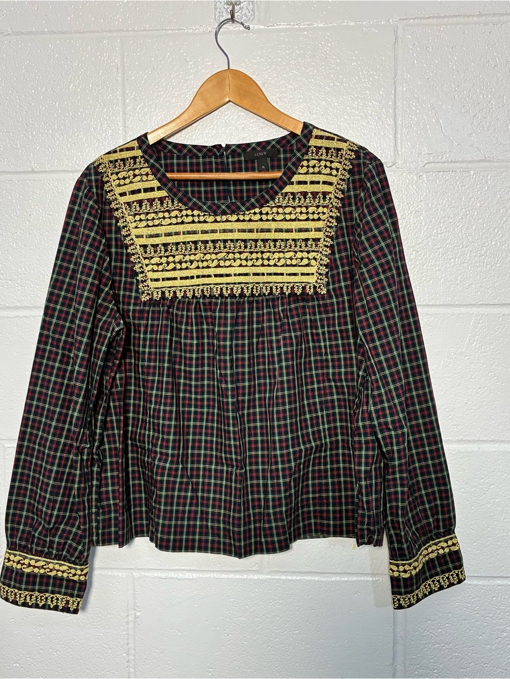 J Crew plaid long sleeve top with gold embroidery embellishments